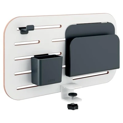 Image de LEITZ Ergo Petit Panneau Perforé Mural, Organiseur brochable pour Bureau de 35mm Max, Accessoires avec Porte Crayon/Carnet &amp; Crochet Casque, 42 x 25 cm, Gamme Ergo, Coloris Blanc, 65480000
