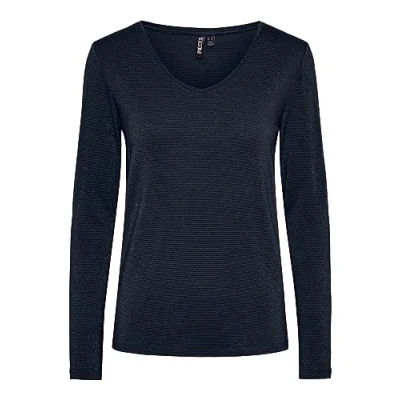 Image de PIECES Pcbillo Ls Col en V Stripes Noos FC T Shirt, Sky Captain/Rayures : Multi Lurex, M Femme
