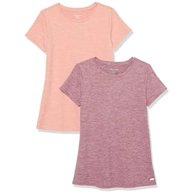 Image de Amazon Essentials T shirt à manches courtes et col rond Tech Stretch (disponible en grande taille) Femme, Lot de 2, Prune Teinture Spatiale/Rose Saumon Spatiale, S