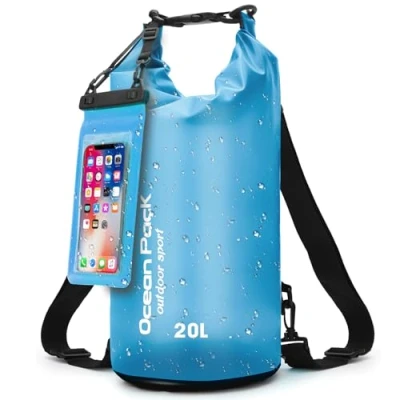 Image de Sac Étanche avec Pochette &amp; Sangles à Dos pour Outdoor, Camping Sports Nautiques 5L, 10L, 20L Léger Résistant Plage Paddle (Bleu, 20 L)