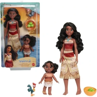 Image de Mattel Disney Vaiana et sa sœur, coffret de 2 poupées mode dans des looks emblématiques, animal Heihei, noix coco panier, inspiré du film, JBT66