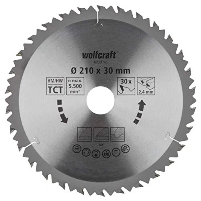 Image de wolfcraft 6737000 1 Lame de Scie Circulaire Ø 210 Mm, Ct, Alésage 30 Dents, Surface Poncée, Denture Sablée Et Alternée argent