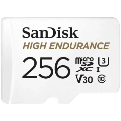 Image de SanDisk 256 Go High Endurance carte microSDXC pour les caméras IP et embarquées + adaptateur SD jusqu&#039;à 20 000 heures de vidéo Full HD / 4K 100 Mo/s UHS I Class 10 U3 V30