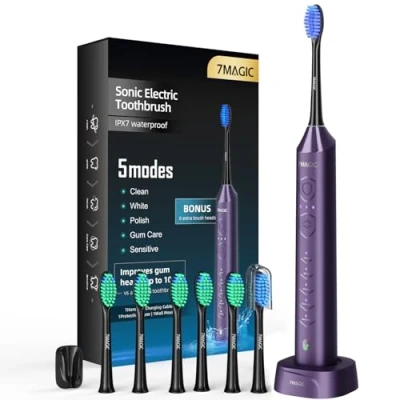 Image de Brosse à Dent Électrique, a Sonique, Electrique 3 Intensités 5 Modes, 40000VPM, IPX7, Autonomie de Batterie 90 Jours et Minuterie, Chevalier Violet
