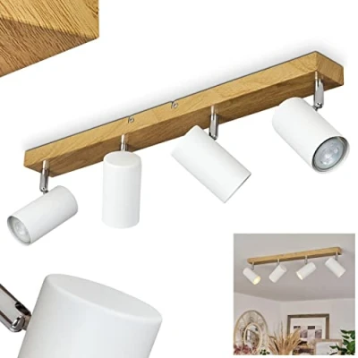 Image de Plafonnier Javel, lampe de plafond moderne en métal blanc/imitation bois/chrome, avec spots orientables, 4 flammes, x GU10, ampoule(s) non incluse(s)