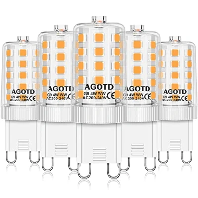 Image de AGOTD Ampoules LED G9 4W, ampoule 2700k blanc chaud, sans scintillement, Equivalente 40W Halogène Lumière, 400 lumens, non dimmable AC220 240V, Angle de 360, Pack 5