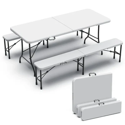 Image de vounot® Ensemble Table Pliante et Bancs Pliables Camping 180cm HDPE Style Polyrotin 8 Places Fonction Portable Convient pour la Terrasse, Le Camping, Jardin, de Pique Nique Blanc