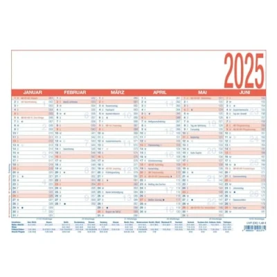 Image de Zettler Agenda de travail 2025 bleu/rouge, 29,7 x 21 cm, calendrier d&#039;affichage avec 6 mois sur 1 page, phases la lune, comptage des jours ouvrables, du jour et semaine, dates vacances