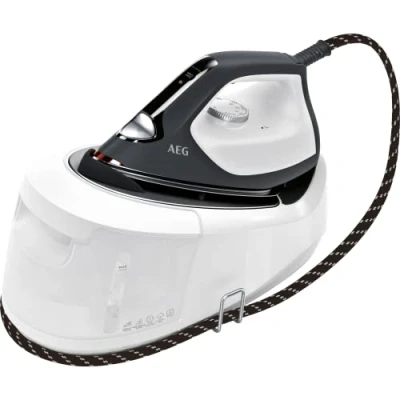 Image de AEG ST6 1 8EG Centrale Vapeur (4 programmes pour chaque tissu), chauffe rapide, lumière durable, pression 6 bars, effet pressing 360 g, semelle anti rayures, réservoir d&#039;eau 1,2 l) Blanc/gris