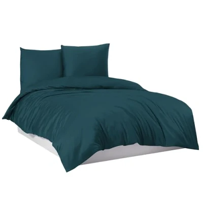 Image de Parure de lit 100 % coton avec housse couette 135 x 200 cm, 155 220 couleur : bleu sarcelle, dimensions cm