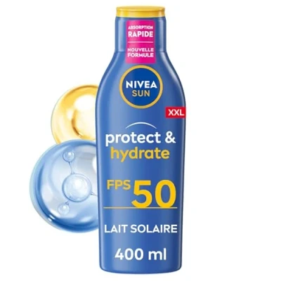 Image de NIVEA SUN Lait Solaire Protect &amp; Hydrate SPF 50+ 400 ml Crème résistante à l&#039;eau Protège et Format XXL Haute Protection Visage Corps