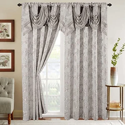 Image de Elegant Comfort Lot de 2 Rideaux Aspect Jacquard avec cantonnière Cascade attachée, 137,2 x 213,4 cm, Motif Feuilles, argenté