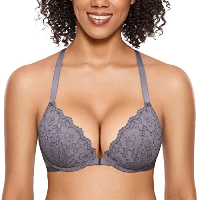Image de DOBREVA Femme Soutien Gorge Fermeture Devant Push Up Decollete Plongeant avec Armature Dos Nageur Dentelle Fer Gris 90C