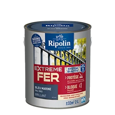 Image de RIPOLIN Peinture pour Fer Extérieur Glycéro Antirouille Sous couche intégrée Application directe sur Rouille Résistante aux Intempéries, UV et Chocs Brillant 2L Bleu Marine RAL 5003