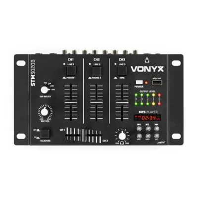 Image de Vonyx STM 3020B Table de mixage 6 canaux Port USB, 3 mono/stéréo commutables, 2 phono/ligne entrées micro avec fonction talkover, Sortie casque, Idéal pour DJ mobile
