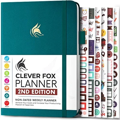 Image de Clever Fox Planificateur 2e édition d&#039;objectifs hebdomadaires et mensuels colorés, organiseur de gestion du temps productivité, non daté, A5 (bleu sarcelle foncé)
