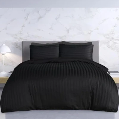 Image de Sleepdown Parure de lit réversible en Coton 225 Fils au Pouce carré avec Housse Couette et taies d&#039;oreiller Facile d&#039;entretien Super King Size (260 cm x 200 cm) Noir