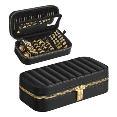 Image de SONGMICS HOME ANAH Collection Boîte à Bijoux de Voyage, Petit Coffre Accessoire avec Miroir, 10,5 x 20,5 6 cm, Surface PU Coutures, Portable, Zip, Idée Cadeau, Noir d&#039;Encre JBC180B01