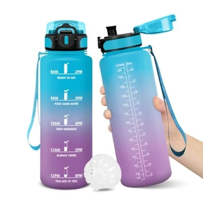 Image de Gourde, 1500ML Sans BPA, Gourde sport, Conception de Verrouillage Anti Fuite, Bouteille, Avec Horodatage, Bouteille Eau pour École, Yoga, En cours d&#039;exécution, Escalader Des Montagnes BleuViolet