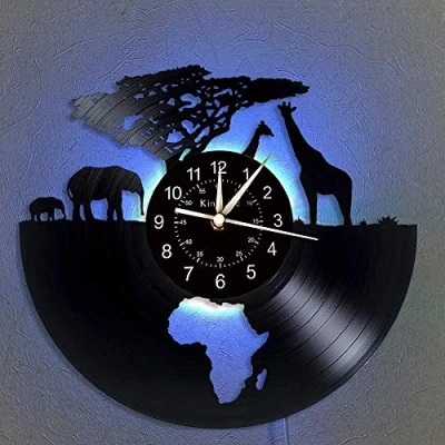 Image de Horloge Murale en Vinyle, Afrique Animaux Safari 7 Lampe Couleur Nuit Rétro Murale, sud africains Cadeaux Faits à la Main Accueil Décoration Murale,A,with Light