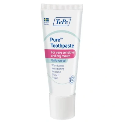 Image de Dentifrice TePe Pure, sans parfum, très doux pour un usage quotidien, conçu les gencives sensibles et la bouche sèche, taux de fluor adapté à l&#039;âge.
