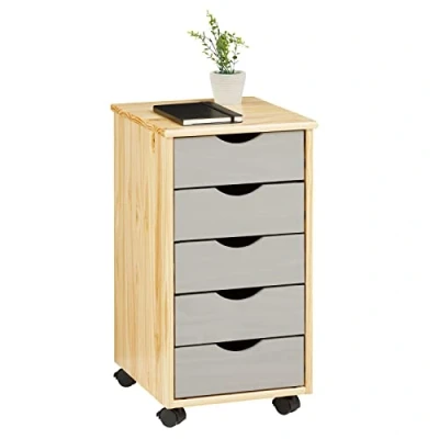 Image de IDIMEX Caisson de Bureau Lagos Meuble Rangement sur roulettes avec 5 tiroirs, en pin Massif Finition Vernis Naturel