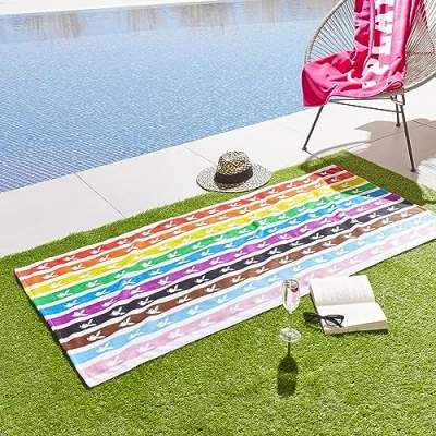Image de Sassy B Playboy Rainbow Bunny Serviette de Plage en Coton Blanc 75 x 160 cm