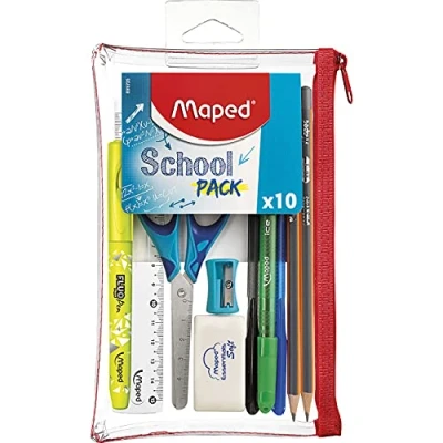 Image de Maped trousse Transparente avec 10 pièces School Pack La Complète pour les Exams 3 Stylos, 2 Crayons à Papier, 1 Surligneur, Ciseaux, Gomme, Taille crayons, Règle 15 cm 899705