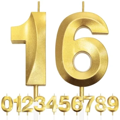 Image de 16th Bougie D&#039;anniversaire à Paillettes Dorées au Design 3D, Bougies Numérotées pour 90e, Décorations de Dessus Gâteau, Gâteau Fête D&#039;anniversaire, Anniversaire Mariage