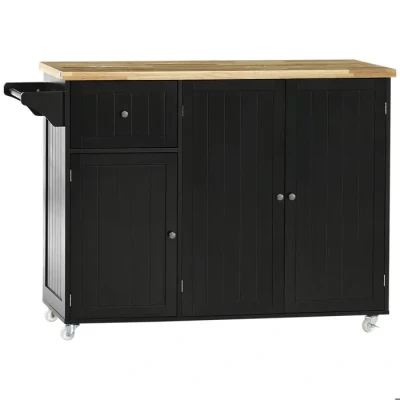 Image de HOMCOM Desserte îlot de Cuisine Chariot Service Multi rangements 1 tiroir 2 placards 3 Portes avec étagère Porte torchons Bois d&#039;hévéa Noir