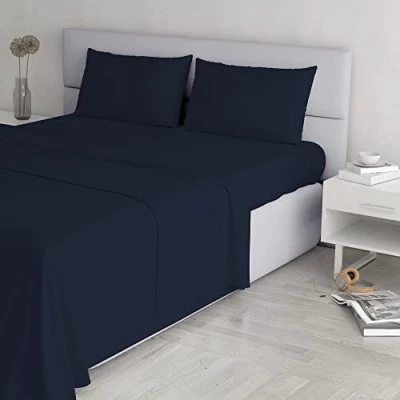 Image de Italian Bed Linen Elegant CL EL BLU SCURO 2PST Ensemble de draps lit, Bleu foncé, Double, Microfibre