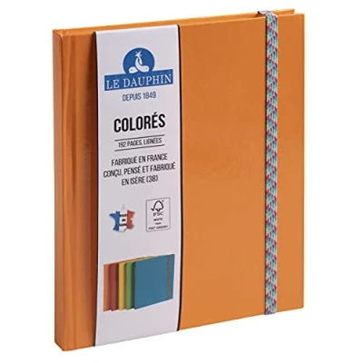 Image de Le Dauphin Réf. 267215D 1 carnet Iderama imprimé intérieur ligné fermeture élastique coloré dimensions 22 x 17 cm format vertical 192 pages couverture couleur orange certifié FSC®