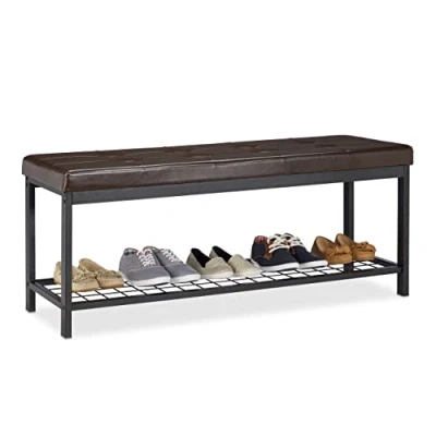 Image de Relaxdays 10023311_93 Banc Range chaussures XXL Ouvert Coussin moelleux Similicuir Support Grillage Métal 49x115x40cm Marron, Cuir, HLP 49 x 115 40 cm