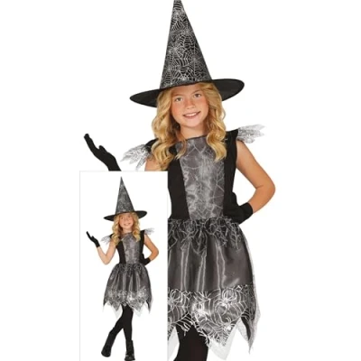 Image de FIESTAS GUIRCA Déguisement de sorcière en toile d&#039;araignée argentée pour filles comprenant une robe et un chapeau Costumes d&#039;Halloween 3 à 4 ans