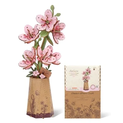 Image de ROBOTIME Puzzle 3D en Bois Fleurs Sakura, de Artificielles, Kits Construction pour Adultes Bricolage, la Saint Valentin, Fête des Mères et Noël