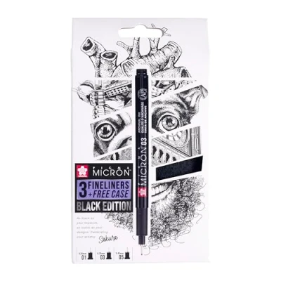 Image de Sakura Pigma Micron Fineliners Set De 3 + Etui A Stylos Gratuit Encre Noire Waterproof, Tailles Assorties Pour L&#039;écriture, Le Dessin &amp; Journaling