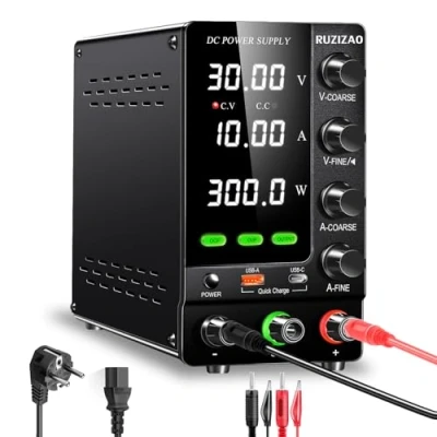 Image de RUZIZAO Alimentation de Laboratoire 30V 10A Réglable avec OCP/OVP/Interrupteur Sortie/Encodeurs Précision, Banc 18W USB Charge Rapide
