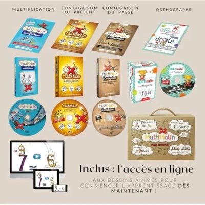 Image de MultiMalin Pack Complet: tables de multiplication conjugaison du présent et passé orthographe (4 livrets + 4 DVDs jeux cartes) Apprendre avec plaisir CE1, CE2, CM1, CM2