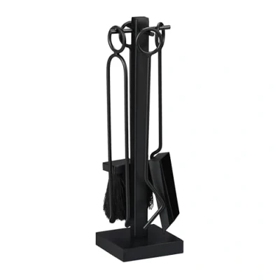 Image de Relaxdays Ustensile de cheminée 5 pièces avec tisonnier, Pelle à Cendres, balais, Pince et Support, en Fer, Noir