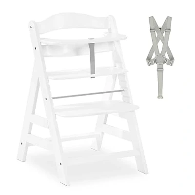 Image de Hauck Chaise Haute Bébé Alpha Plus en Bois Évolutive dès 6 Mois, Réglable, Harnais 5 Points, Barre de Sécurité, Résistante Jusqu&#039;à 90 Kg Blanc