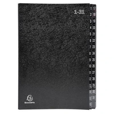 Image de Exacompta Réf. 57032E Carton de 6 trieurs Ordonator couverture rigide intérieur en carte recyclée onglets plastifiés numériques 1 à 31 32 compartiments dim 25x33 cm pour A4 noir