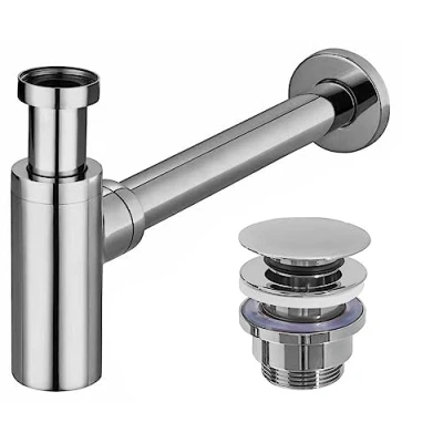 Image de REA Siphon tubulaire universel en acier inoxydable pour lavabo et Hauteur réglable d&#039;écoulement + bouchon Click Clack Valve pop up Argenté/chromé
