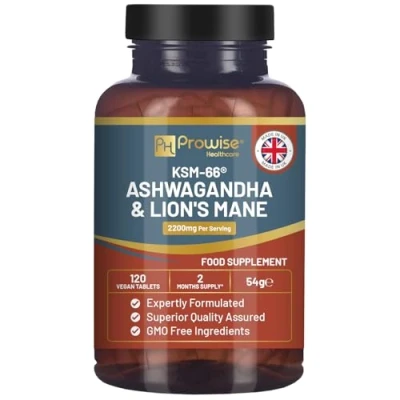 Image de comprimés KSM 66 Ashwagandha et crinière de lion Haute concentration 2200 mg extrait racine d&#039;Ashwagandha champignon 120 avec poivre noir