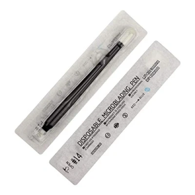 Image de 10 pièces Stylo Jetable Microblading manuel sourcil aiguilles de avec applicateur pigment pour le maquillage permanent sourcils tatouage emballage blister (14 Slope 0.25mm)