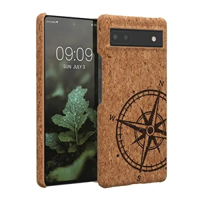 Image de kwmobile Coque Compatible avec Google Pixel 6a Housse de Protection Rigide en Liège Boussole Brun foncé Marron Clair