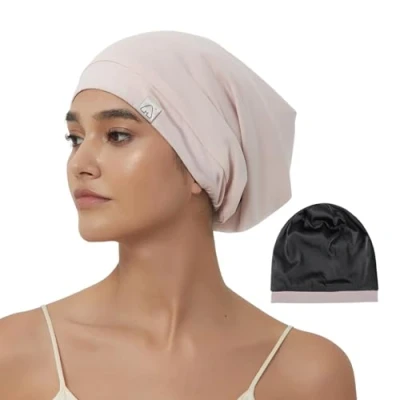 Image de Hat Hut bonnet de sommeil en satin pour dormir, réglable cheveux bouclés, couverture doublée soie, homme et femme (taille US, alpha, taille L, rose poudré)
