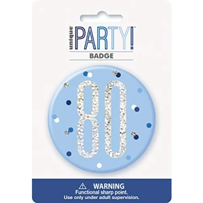 Image de Unique Party 83525 Badge 80e Anniversaire 7,5 cm Fête d&#039;Anniversaire à thème Bleu et Argent Glitz