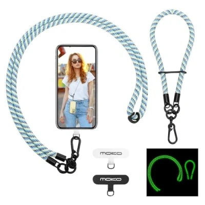 Image de MoKo Lanière de Téléphone Réglable avec Dragonne, Cordon Universel pour Portable, Tour Cou Smartphone Sangle Attache, en Bandoulière x 1, Dragonne x1,Patch Lanièrex2,Bleu+Vert