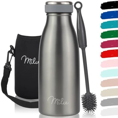 Image de Milu Gourde en acier inoxydable 350 ml 500 ml, 750 1000 1,5 l bouteille isotherme, d&#039;eau isolée, double paroi anti fuite, convient aux acides carboniques (Gris, 350ml)