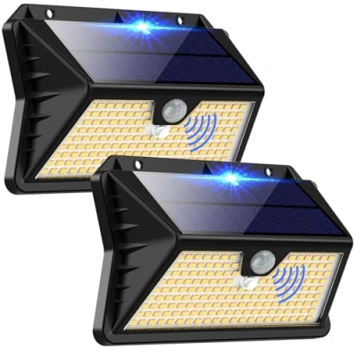 Image de OUILA Lampe Solaire Exterieur, 3 Modes Projecteur Eclairage Avec Detecteur, 185 LED Spot IP65 Etanche Lumiere pour Jardin, Garage, Patio(2 Pack Blanc Chaud)